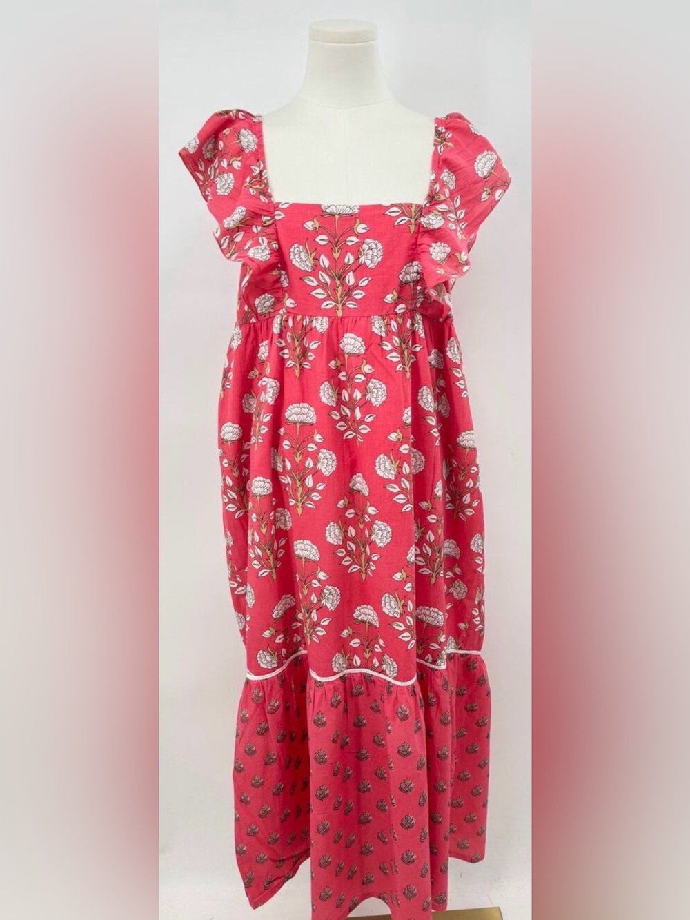 Ro's Garden for Tuckernuck Red Block Print Flutter Sleeves Midi Dress Floral M